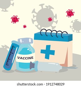covid 19 virus vaccine injection jar tube and calendar design of 2019 ncov cov and coronavirus theme Vector illustration