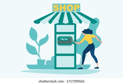 COVID 19. We are open. Woman opens a shop after quarantine, lockdown. Economic recovery after coronavirus. Flat vector illustration. Cartoon style.