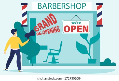 COVID 19. We're open. Grand re-opening. Man opens a barbershop after quarantine, lockdown. Economic recovery after coronavirus. Hair Salons, Barbershops Could Reopen. Vector illustration, flat style.