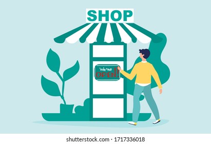 COVID 19. We're open. Man opens a shop after quarantine, lockdown. Economic recovery after coronavirus. Flat vector illustration in a cartoon style.