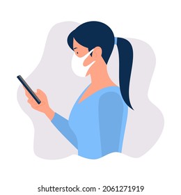 Covid 19, una mujer con el pelo largo atada, con una máscara facial, sosteniendo un teléfono celular. Ilustración del vector