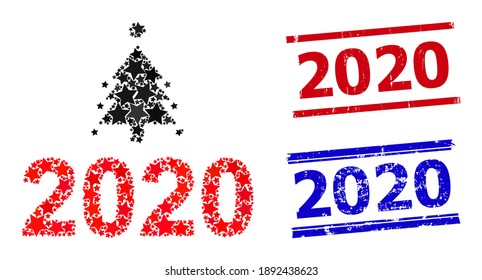 Covid 2020 new year star mosaic and grunge 2020 stamps. Red and blue stamps with grunge texture and 2020 slogan. Abstract covid 2020 new year collage is done with scattered flat star items.