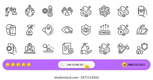 Covid app, Skin moisture and Mint tea line icons for web app. Pack of Wash hands, Shield, Sulfur mineral pictogram icons. Medical mask, Stress grows, Clean hands signs. Thermometer. Search bar. Vector
