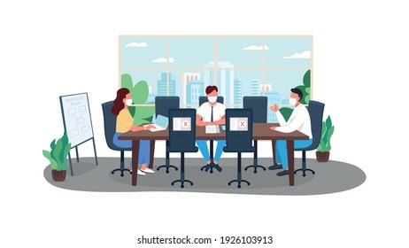 Covid Business Plan Flat Color Vector Illustration. Lockdown Corona Virus Reality. Quarantine Rules For Businesses. Managers 2D Cartoon Characters With Big Megapolis Buildings On Background