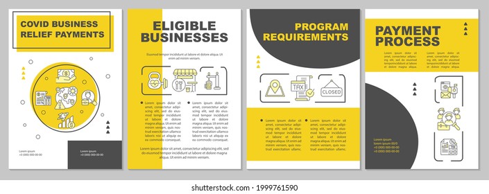 Covid business relief payments brochure template. Program requirements. Flyer, booklet, leaflet print, cover design with linear icons. Vector layouts for magazines, annual reports, advertising posters