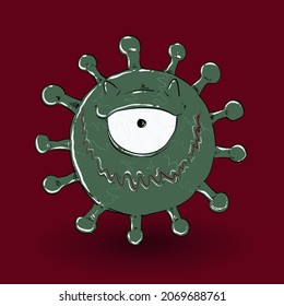 Covid cartoon on red background. Hand drawn. Vector illustration. 