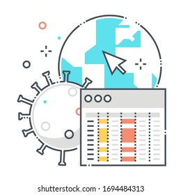 Covid cases related color line vector icon, illustration. The icon is about globe, world wide, countries, web site, epidemic, corona virus. The composition is infinitely scalable.