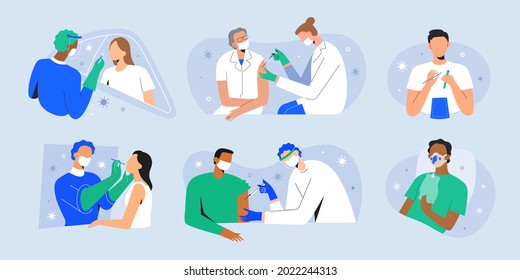 Covid characters, covid-19 vaccine shot, people get vaccinated, tested for coronavirus, rapid drive-though PCR test, senior patient in oxygen mask with pneumonia, vector cartoon illustration