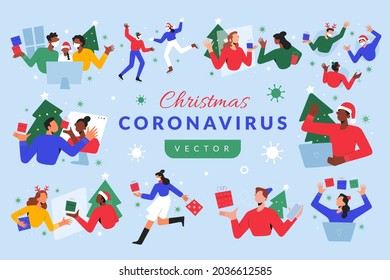 Covid Christmas collection, people celebrating holidays distantly, making video calls on Christmas eve, doing shopping, wearing face masks, exchanging gifts, making online parties on video conference.