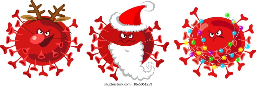 Covid and Christmas. New Year concept with coronavirus. Pandemic on New Year. Vector illustration with covid virus in christmas costumes