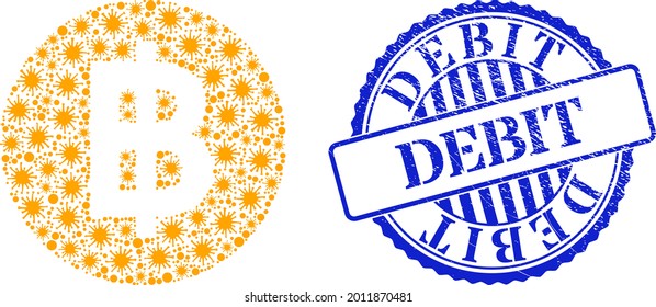 Covid collage bitcoin coin icon, and grunge DEBIT seal stamp. Bitcoin coin mosaic for medical images, and grunge round blue stamp seal. Vector collage is composed from random Covid elements.