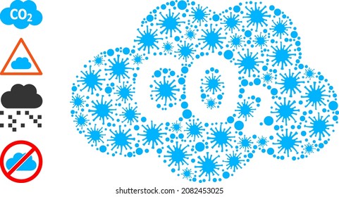 Covid collage carbon dioxide cloud icon, and similar icons. Carbon dioxide cloud collage for breakout templates. Vector mosaic is formed with randomized Covid-2019 items.