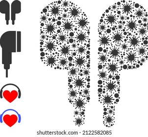Covid collage compact earphones icon, and additional icons. Compact earphones collage for pandemic images. Vector collage is composed of scattered contagious parts.