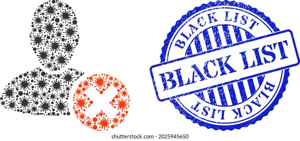 Covid collage delete user icon, and grunge BLACK LIST stamp. Delete user collage for pandemic images, and grunge round blue stamp seal. Vector mosaic is constructed of scattered Covid icons.