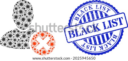 Covid collage delete user icon, and grunge BLACK LIST stamp. Delete user collage for pandemic images, and grunge round blue stamp seal. Vector mosaic is constructed of scattered Covid icons.