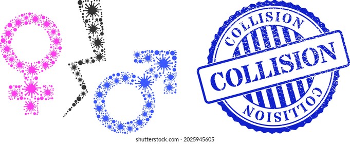 Covid Collage Divorce Symbol Icon, And Grunge COLLISION Badge. Divorce Symbol Collage For Medical Templates, And Scratched Round Blue Stamp Seal.