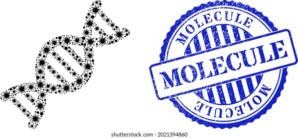 Icono de molécula del genoma del colage del cóvido y sello MOLECULE de grunge. Collage de moléculas genómicas para imágenes pandémicas y sello azul redondo texturado. El mosaico vectorial se crea con elementos dispersos de Covid.