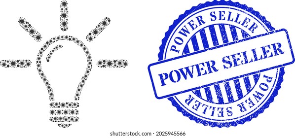 Icono de la lámpara de la luz de color y sello del sello del SELECTOR DE ENERGÍA de masa. Collage de bombillas para plantillas epidémicas y estampado azul redondo. El collage vectorial se organiza a partir de elementos de virus aleatorizados.