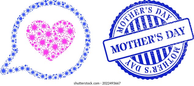 Covid collage love message icon, and grunge MOTHERS DAY seal. Love message collage for medical templates, and grunge round blue seal print. Vector collage is organized from random Covid-2019 parts.