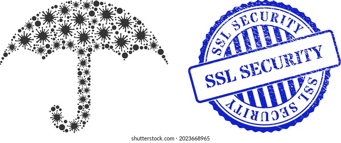 Covid collage umbrella icon, and grunge SSL SECURITY seal stamp. Umbrella collage for isolation templates, and unclean round blue seal. Vector mosaic is designed with scattered Covid-2019 parts.