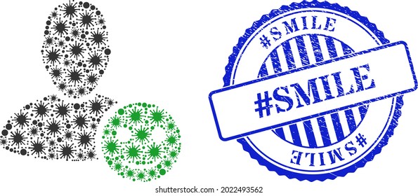 Covid collage user happy emotion icon, and grunge hashtag SMILE seal stamp. User happy emotion collage for medical images, and grunge round blue watermark.