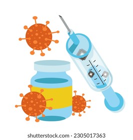 Covid coronavirus conspiracy theory including outbreak source and vaccination. Isolated syringe with vaccine and sample with harmful and dangerous virus or bacteria. Vector in flat style illustration