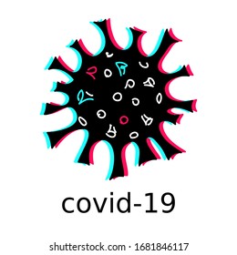 Covid, coronavirus icon, illustration in black,pink blue colors. Sticker of covid virus.