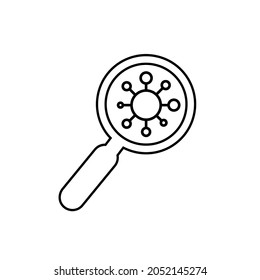 Covid or coronavirus and magnifying glass vector icon on white backgrounf