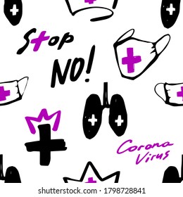 Covid-oder Coronavirus-Pandemie nahtloses Muster mit Quarantänezeichen: Maske, Korona, Lungen, medizinisches Kreuz, Stopptexte. Vektorgrafik im Doodle, Skizze Graffiti-Stil.