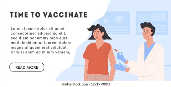  Covid Coronavirus Vaccination Campaign. Young woman at clinic. Male Nurse or Doctor holding Syringe with Vaccine Jab. Web Banner with caption Time To Vaccinate. Vector illustration in flat style.