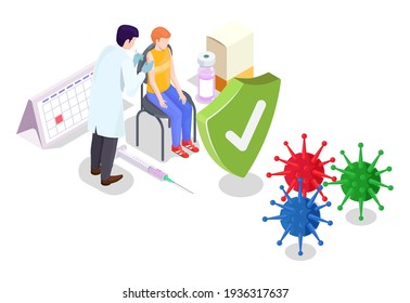 Covid Coronavirus Vaccination Concept Vector Illustration Isometric Style. Covid-19 Vaccine. Doctor Makes An Injection Of Flu Vaccine To Kid In Hospital. People Immunity And Virus Protection.