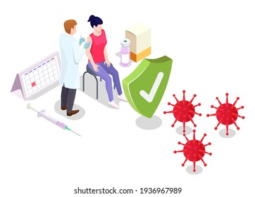 Covid Coronavirus Vaccination Concept Vector Illustration Isometric Style. Covid-19 Vaccine. Doctor Makes An Injection Of Flu Vaccine To Woman In Hospital. People Immunity And Virus Protection.