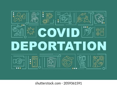 Covid deportation green word concepts banner. Global pandemic. Infographics with linear icons on green background. Isolated creative typography. Vector outline color illustration with text