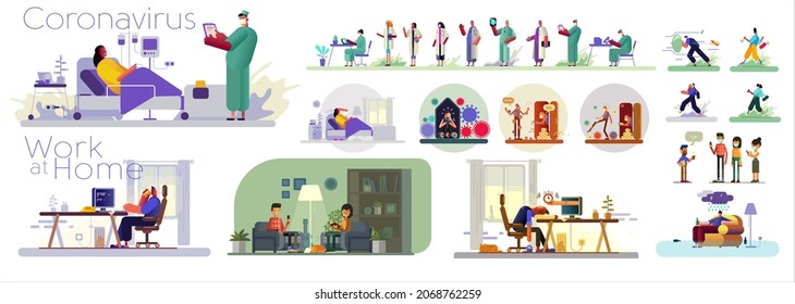 Covid. Doctors and nurses. Work at home.Big set. Collection of vector illustrations. Simple, flat design. Patterns and backgrounds. 