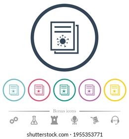 Covid documentation flat color icons in round outlines. 6 bonus icons included.