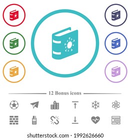 Covid documentation flat color icons in circle shape outlines. 12 bonus icons included.