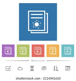 Covid documentation flat white icons in square backgrounds. 6 bonus icons included.