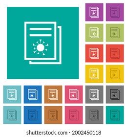 Covid documentation multi colored flat icons on plain square backgrounds. Included white and darker icon variations for hover or active effects.