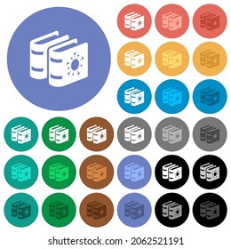 Covid documentation multi colored flat icons on round backgrounds. Included white, light and dark icon variations for hover and active status effects, and bonus shades.