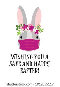 Covid Easter rabbit greeting card template vector. Happy Easter 2021 stay home and safe. Coronavirus Bunny with medical protective face mask. Cute hand drawn illustration Isolated on white background.