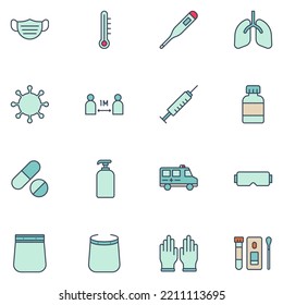 Covid Filled Line Icon Set Vector