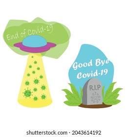 Covid Flat illustration vector, Covid-19, Pandemic, end of pandemic, game over, ufo pick up the covid, R.I.P Covid-19, vector, finished covid, end of pandemic