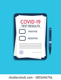 Covid Form Diagnostic Report. Coronavirus Test Results On Medical Clipboard. Virus Health Insurance Concept. COVID-19  Note On Doctor's Pad. Checklist Of Clinical Analysis Of Patient. Vector.