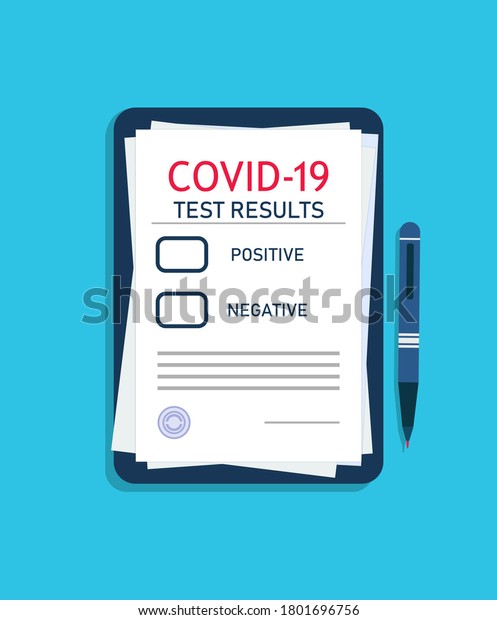 Covid Form diagnostic report. Coronavirus Test\
results on medical clipboard. Virus health Insurance concept.\
COVID-19  Note on doctor\'s pad. Checklist of clinical analysis of\
patient. Vector.