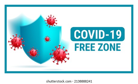Covid free vector banner design. Covid-19 free zone text signage with virus shield protection elements in white space for safe and clean public place. Vector illustration.
