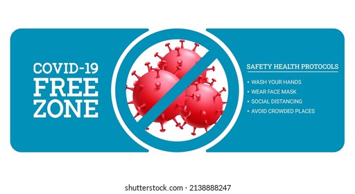 Covid free vector banner design. Covid-19 free zone text with safety instruction and virus protection icon elements for new normal public place safety. Vector illustration.
