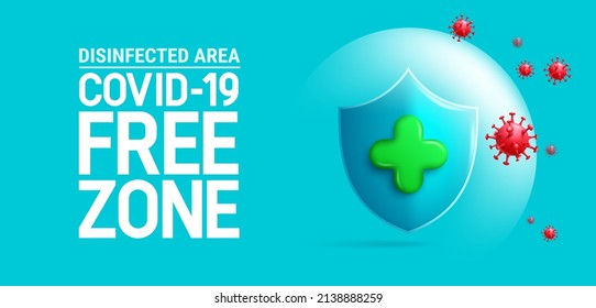 Covid free vector banner design. Covid-19 free zone text with virus shield and protection elements for safe and clean public place signage. Vector illustration.
