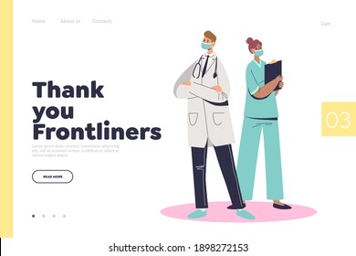 Covid frontliners landing page concept with doctor and nurse during coronavirus epidemic wearing uniform and masks. Cartoon medical workers. Pandemic and medicine concept. Flat vector illustration