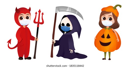 Covid halloween costume set, children with face mask