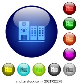 Covid Hospital icons on round glass buttons in multiple colors. Arranged layer structure
